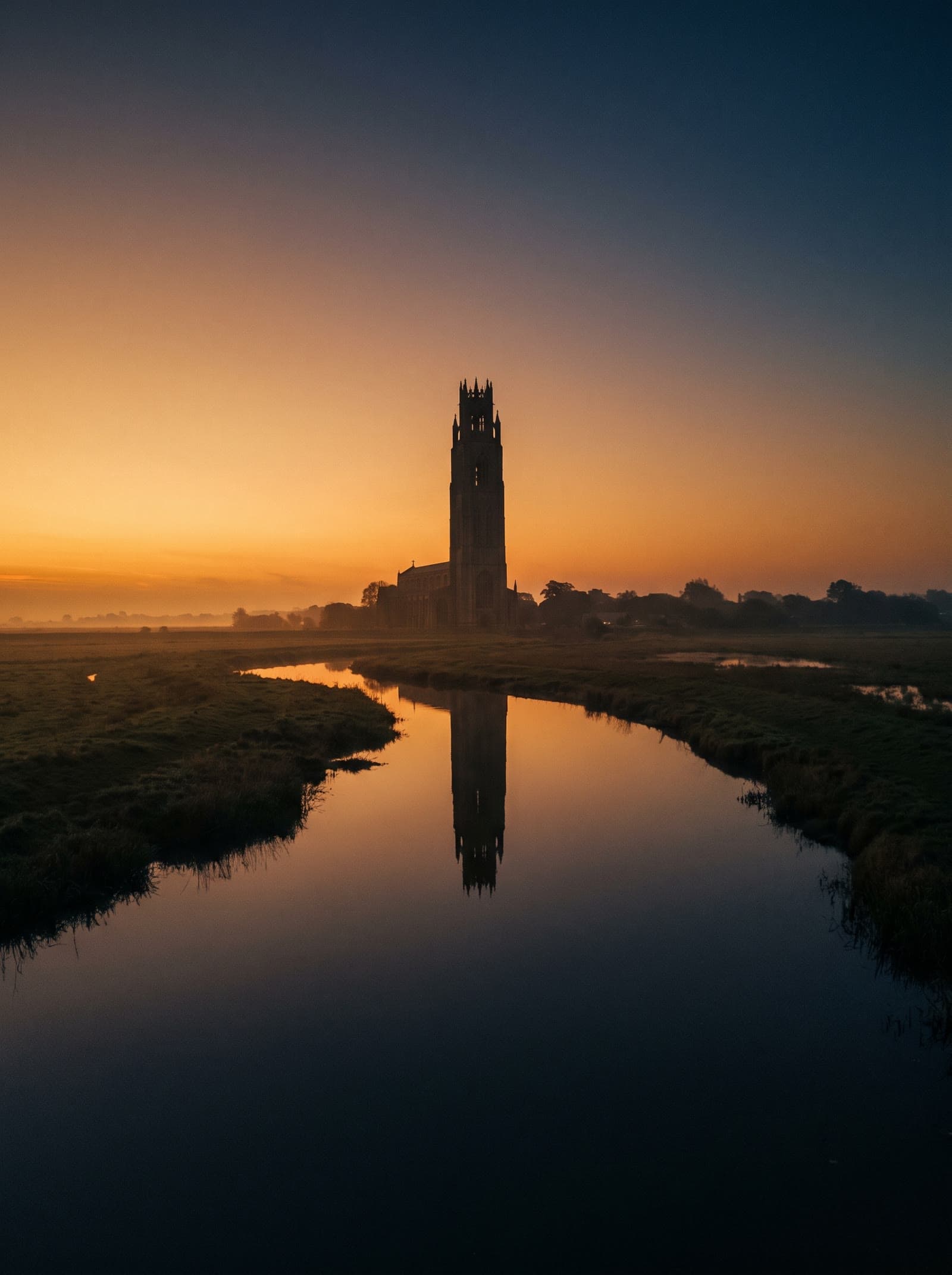 Wieża Boston Stump górująca nad Fenami o bursztynowym zmierzchu