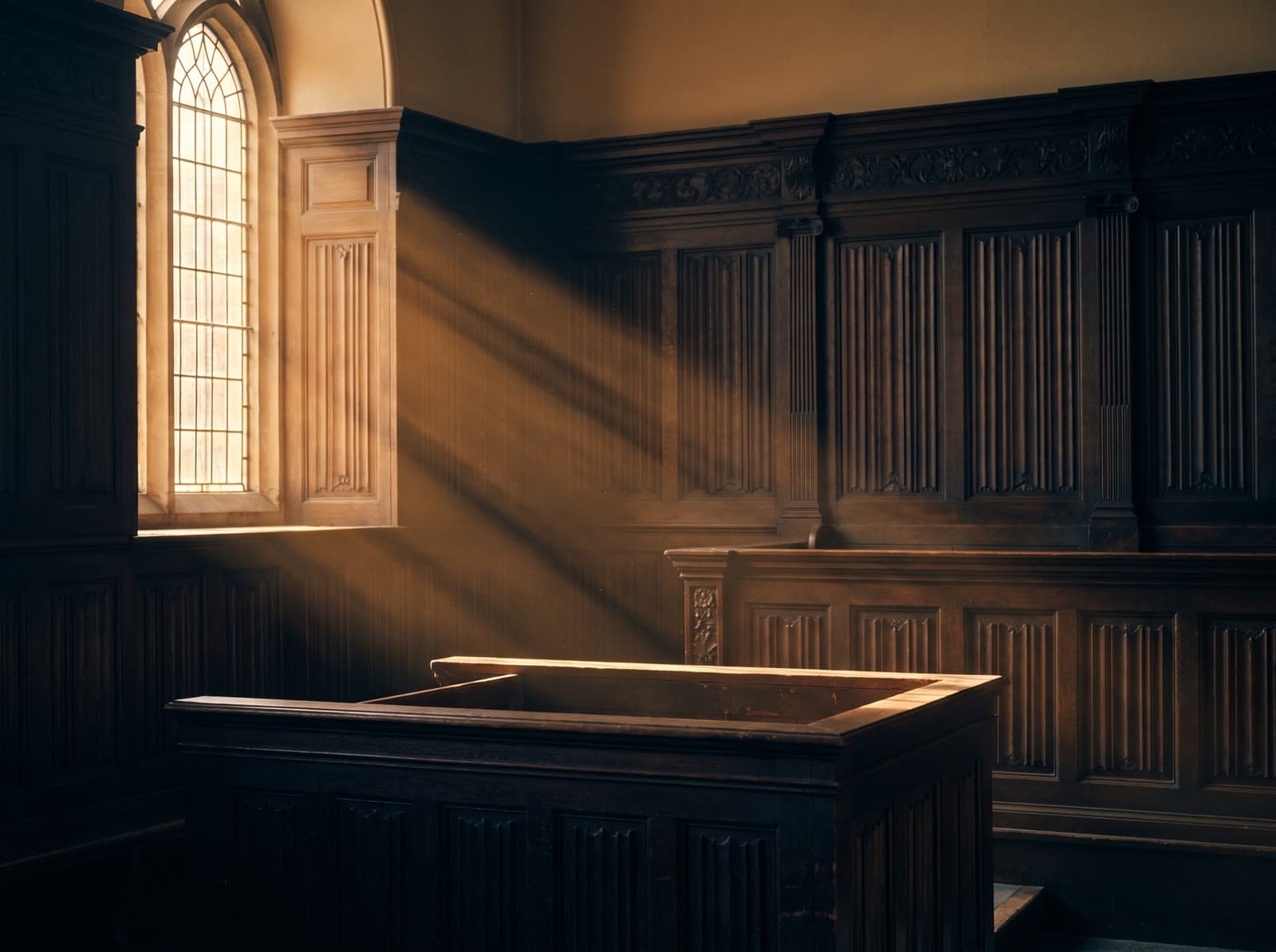Warm window light across the oak panelling of an empty British courtroom