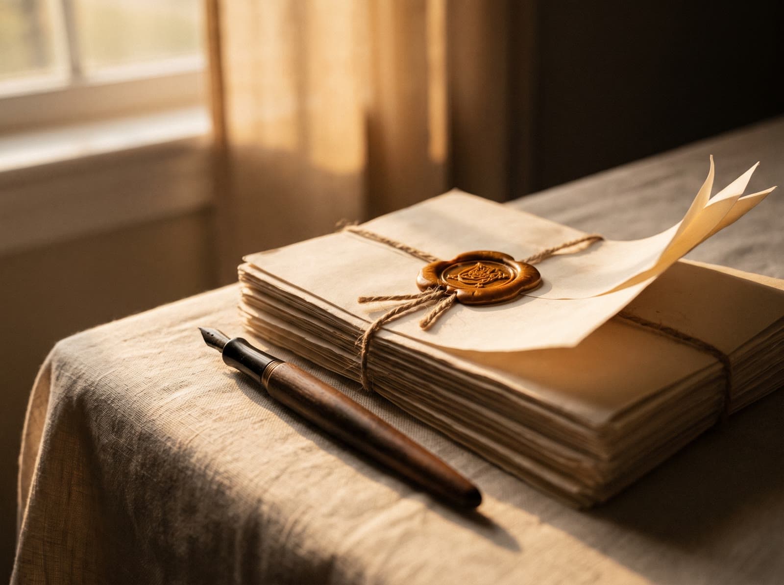 A stack of ivory documents with an amber wax seal and a fountain pen