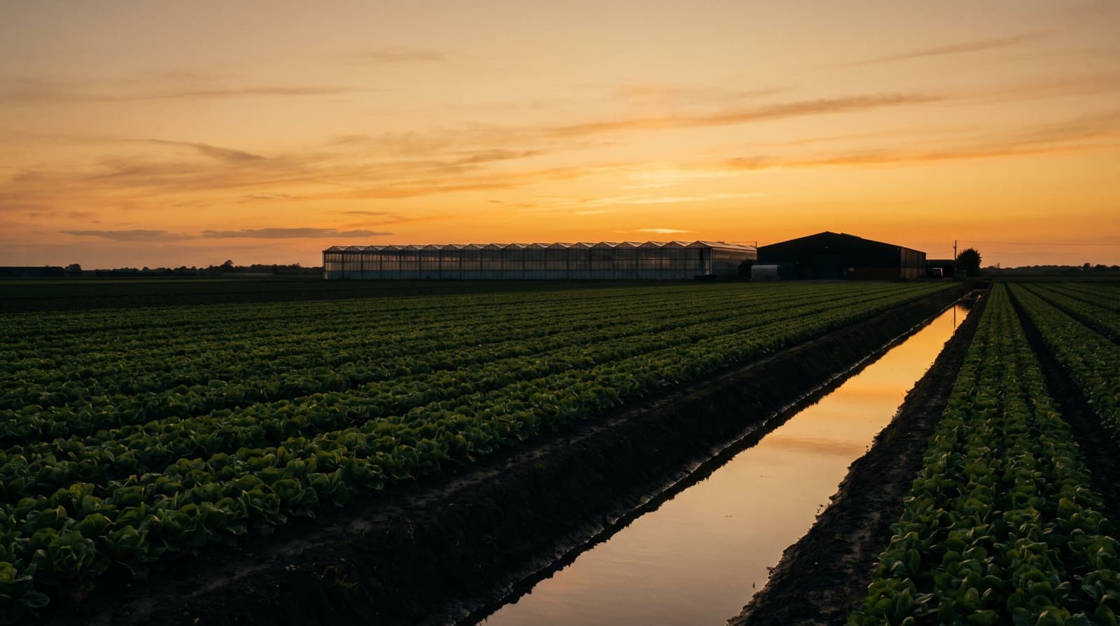 Rows of crops converging on a glasshouse under an amber dusk sky in the Fens