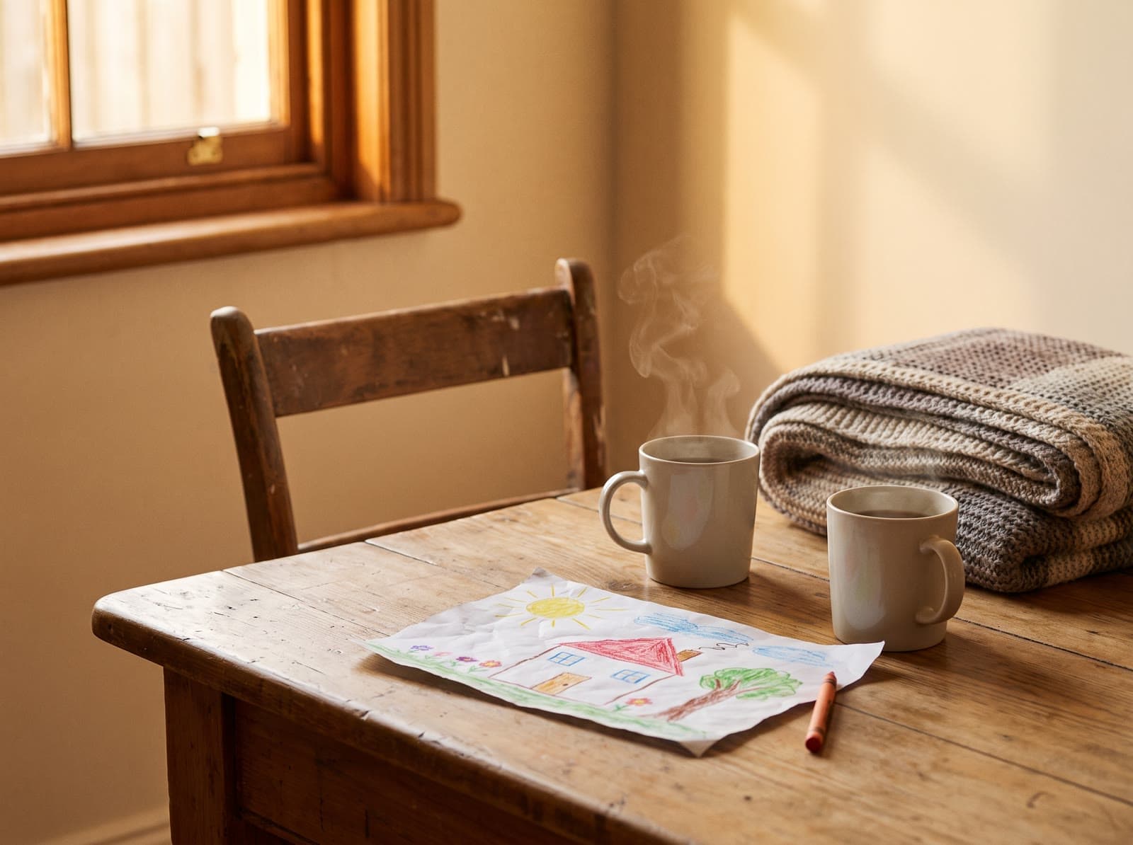 Two cups of tea and a child's drawing on a kitchen table in morning light