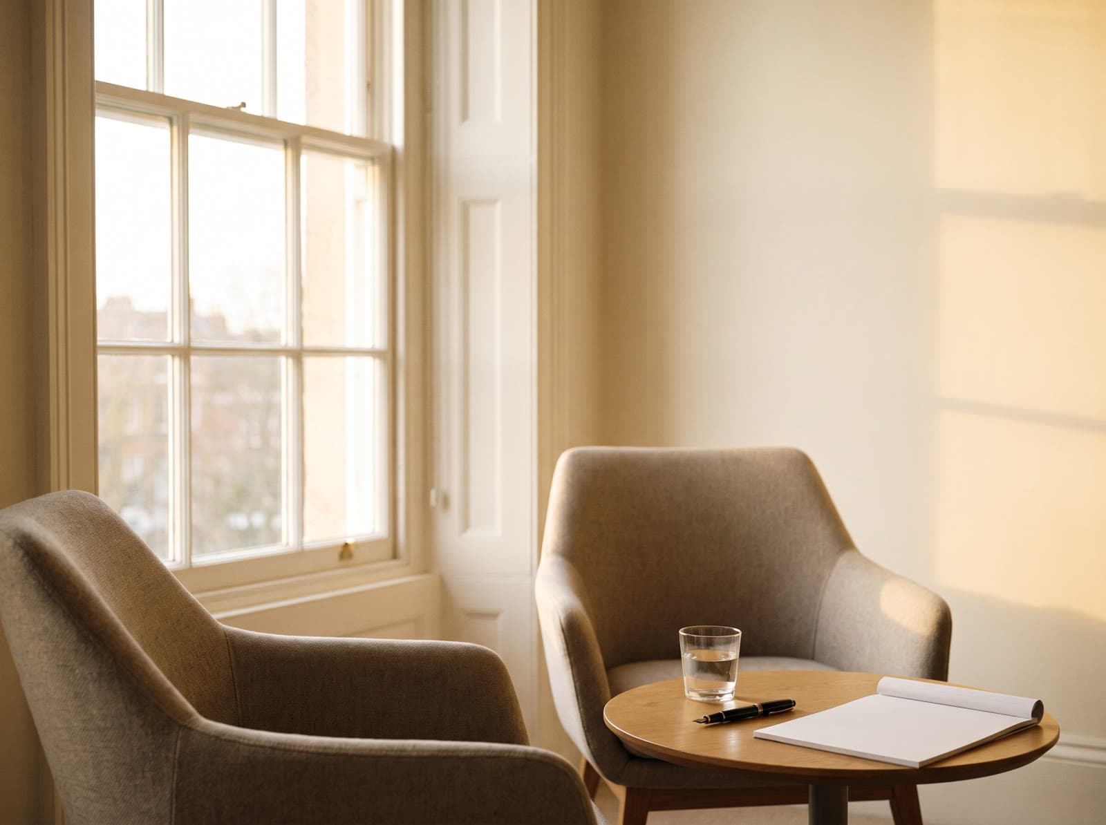 Two chairs by a tall window in warm morning light, set for a quiet meeting
