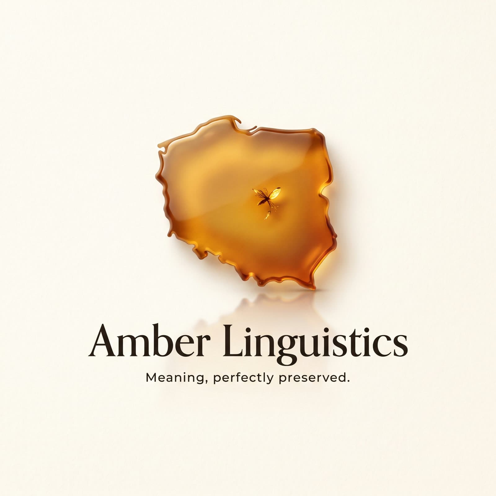 Polished Baltic amber shaped as the outline of Poland, one insect preserved inside, above the Amber Linguistics wordmark