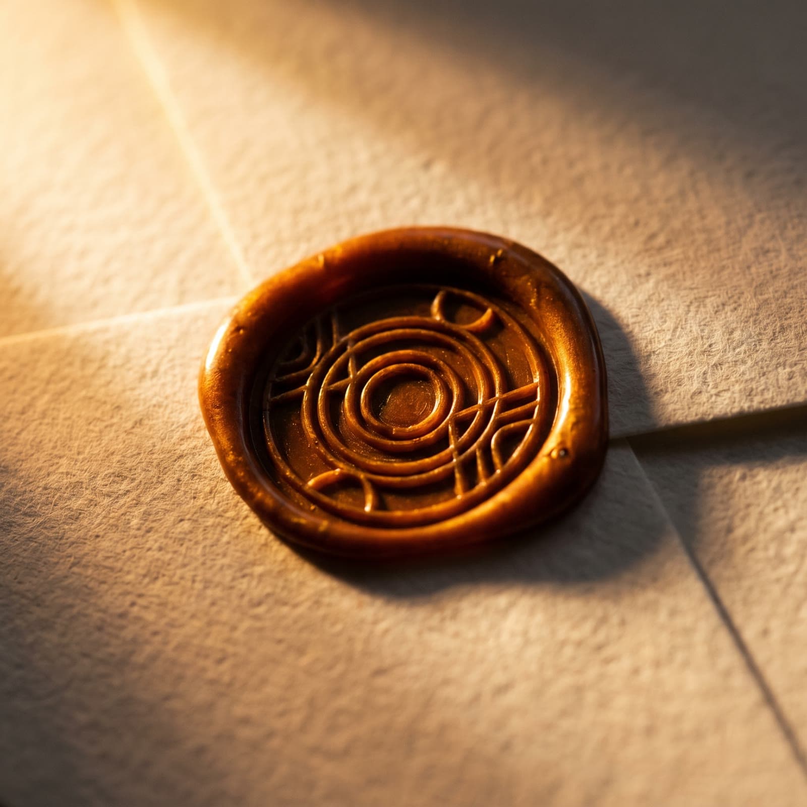 An amber wax seal pressed into thick ivory paper